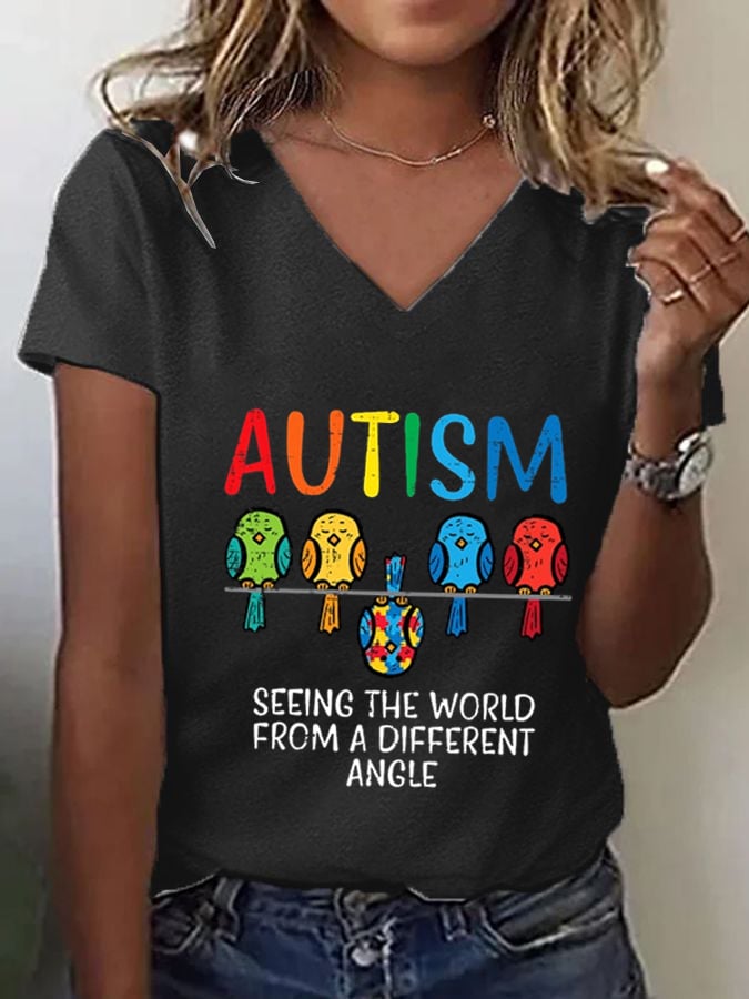 Women's "Seeing The World From A Different Angle" Autism Awareness Printed V-Neck T-Shirt