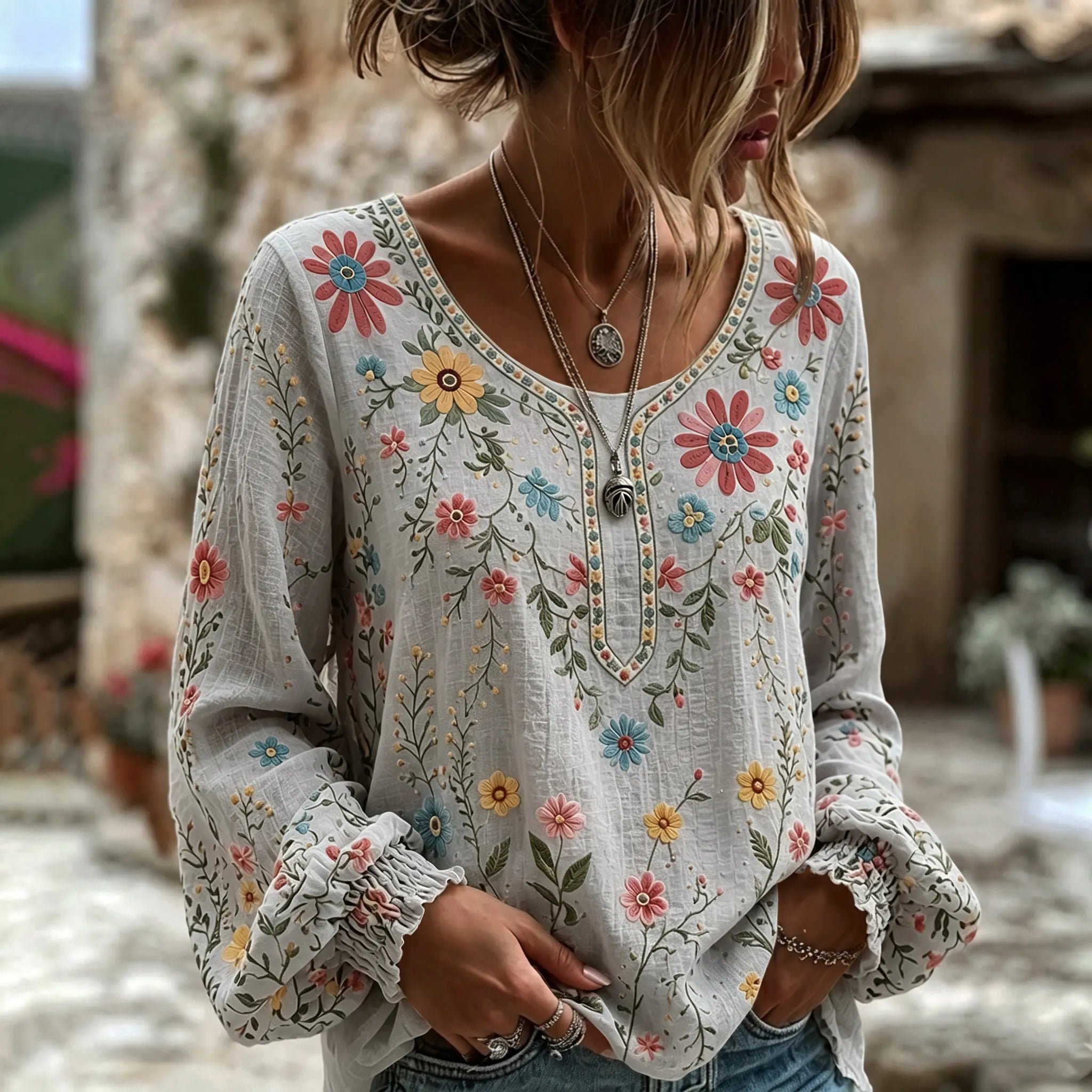 Women's Vintage Floral Art Print Flowy Linen Blend Linen Blend Long Sleeve Casual Tops