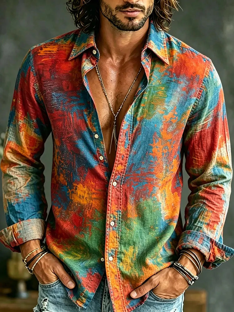 Men's Hippie Vintage Gradient Print Long Sleeve Linen Shirt