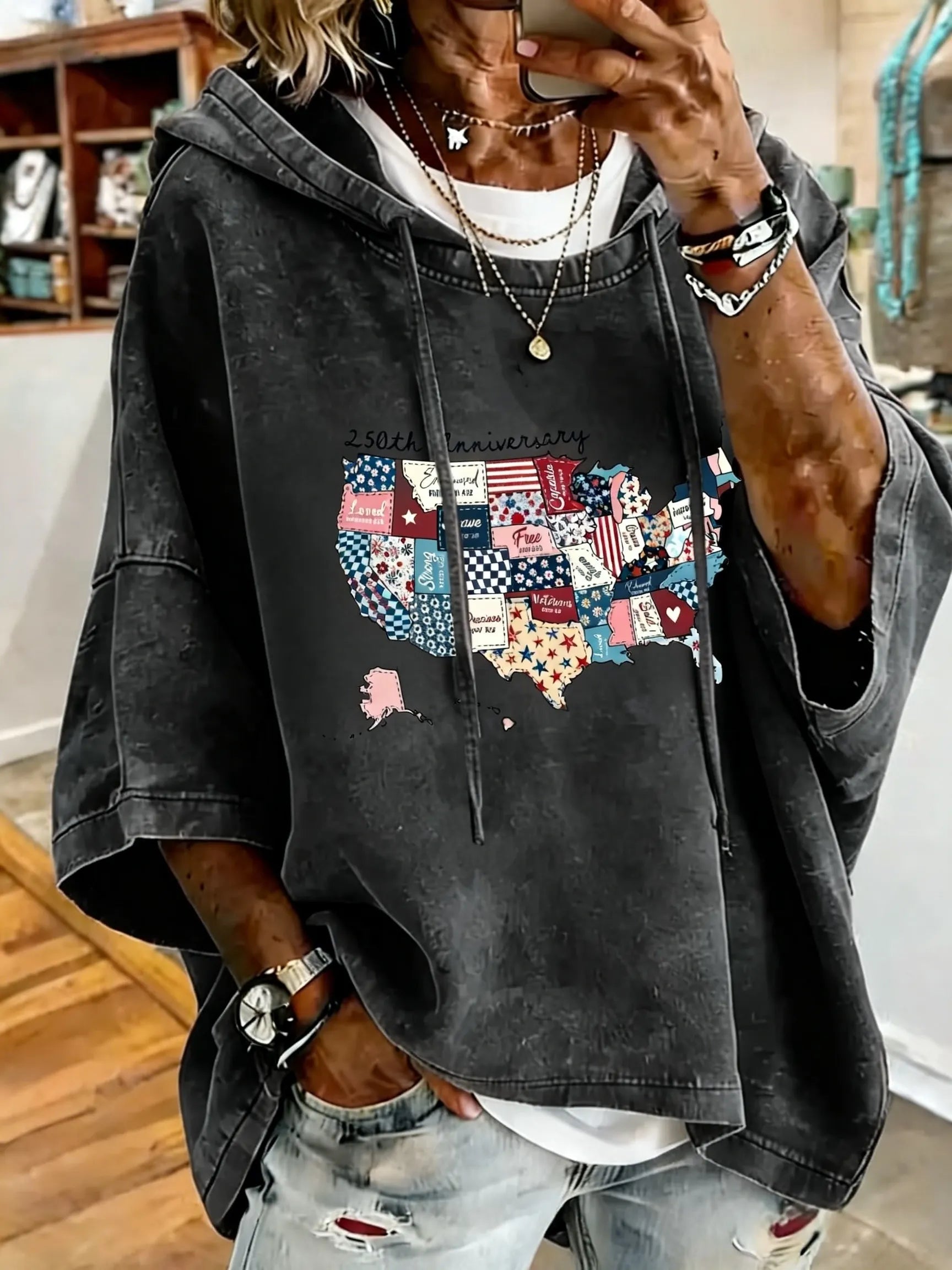 Women's Anniversary Map Print Oversized Hoodie
