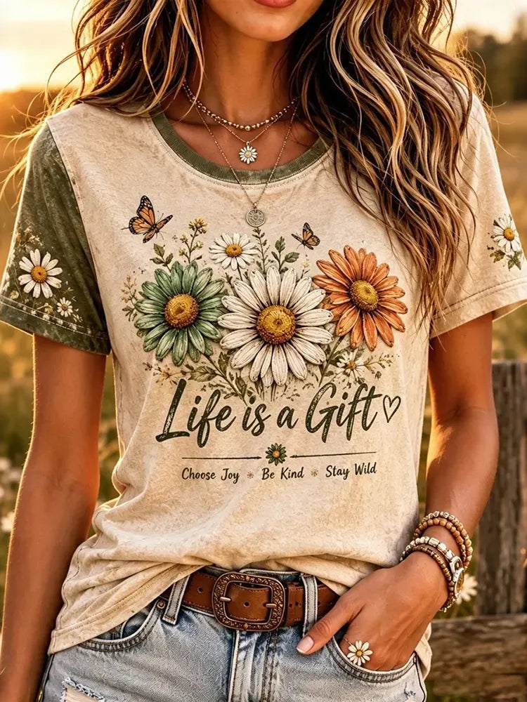 Women's Retro Floral Pattern Crew Neck T-shirt