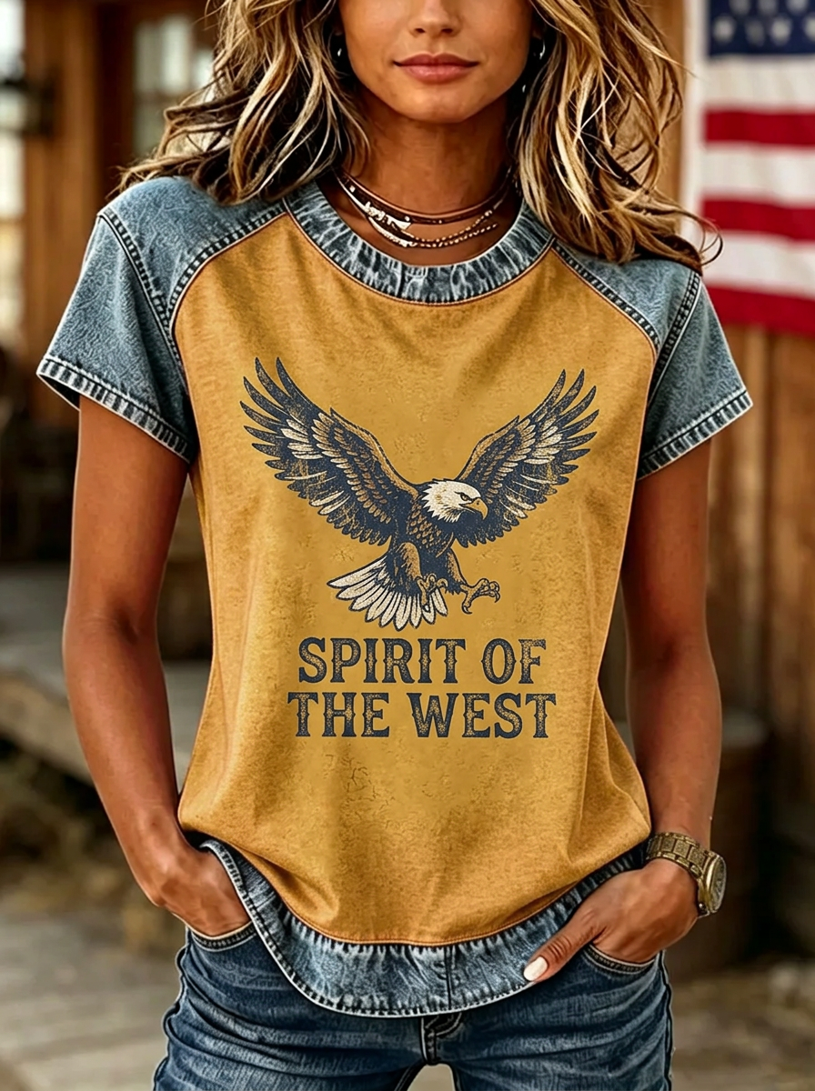 Women's Western USA Independence Day Eagle Spirit Printed T-shirt