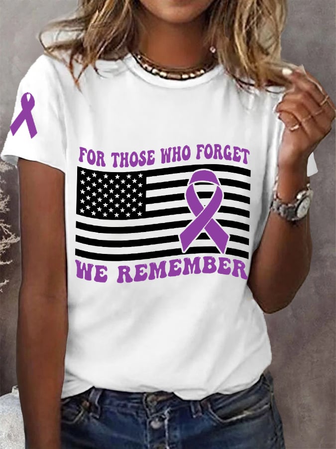 Women's For Those Who Forget We Remember, Purple Ribbon American Flag Alzheimer's Awareness Warrior Tee