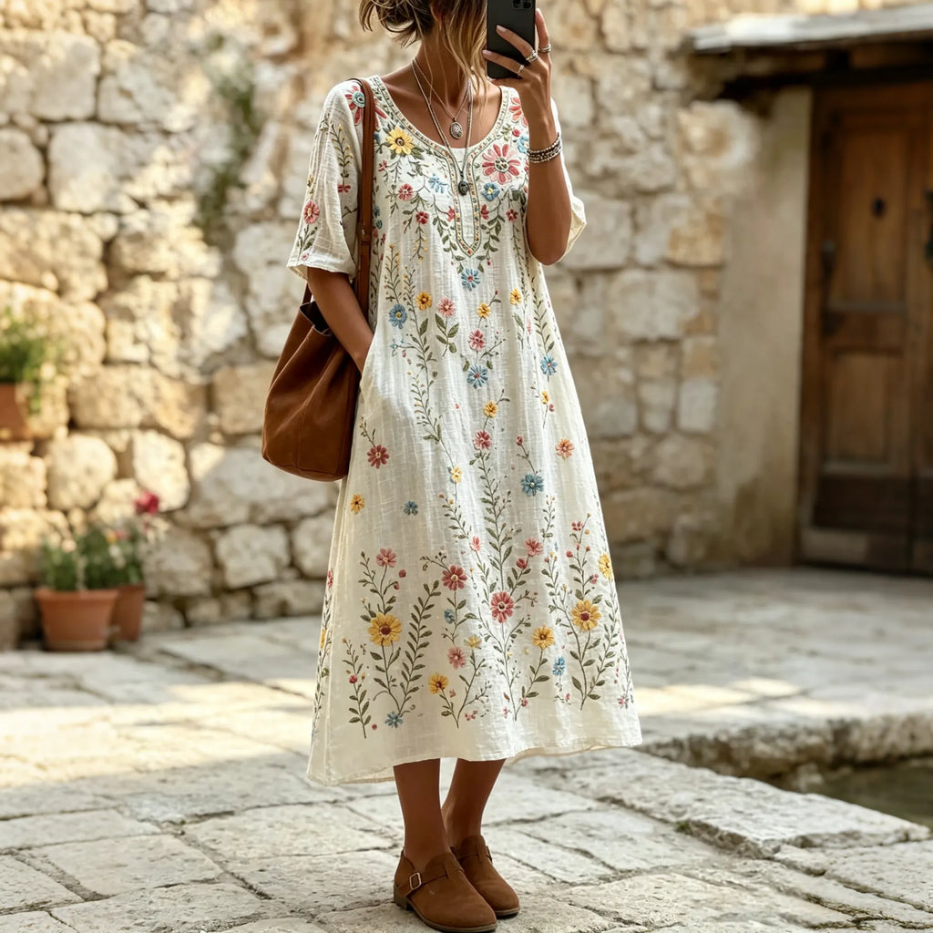 Women's Vintage Hippie Floral And Dragonfly In Patchwork Pattern Art Embroidered Linen Blend V Neck Mid-length Sleeve Dress