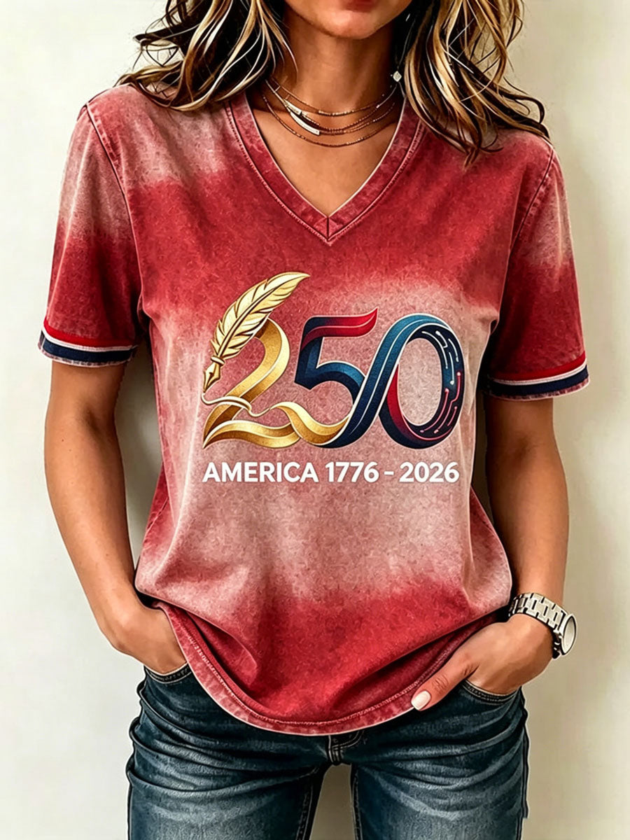 Women's America 250 Years 1776-2026 Print V Neck T-shirt