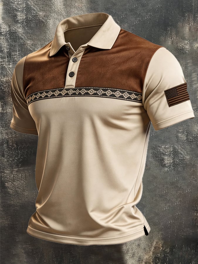 Men's Retro Patriotic Color-Block Short-Sleeve Polo Shirt
