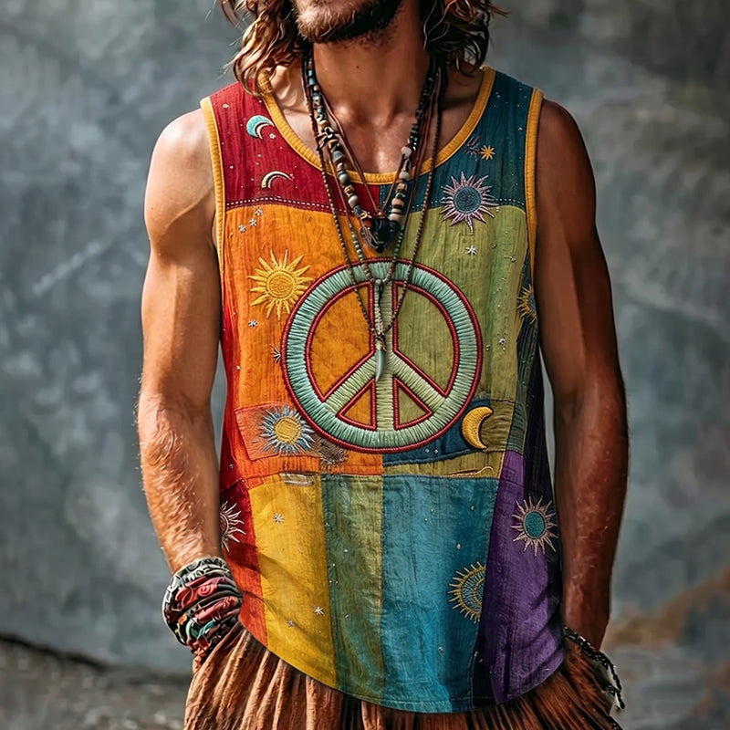 Men's Vintage Boho Peace Sign Patchwork Sun Moon Art Print Tank Top