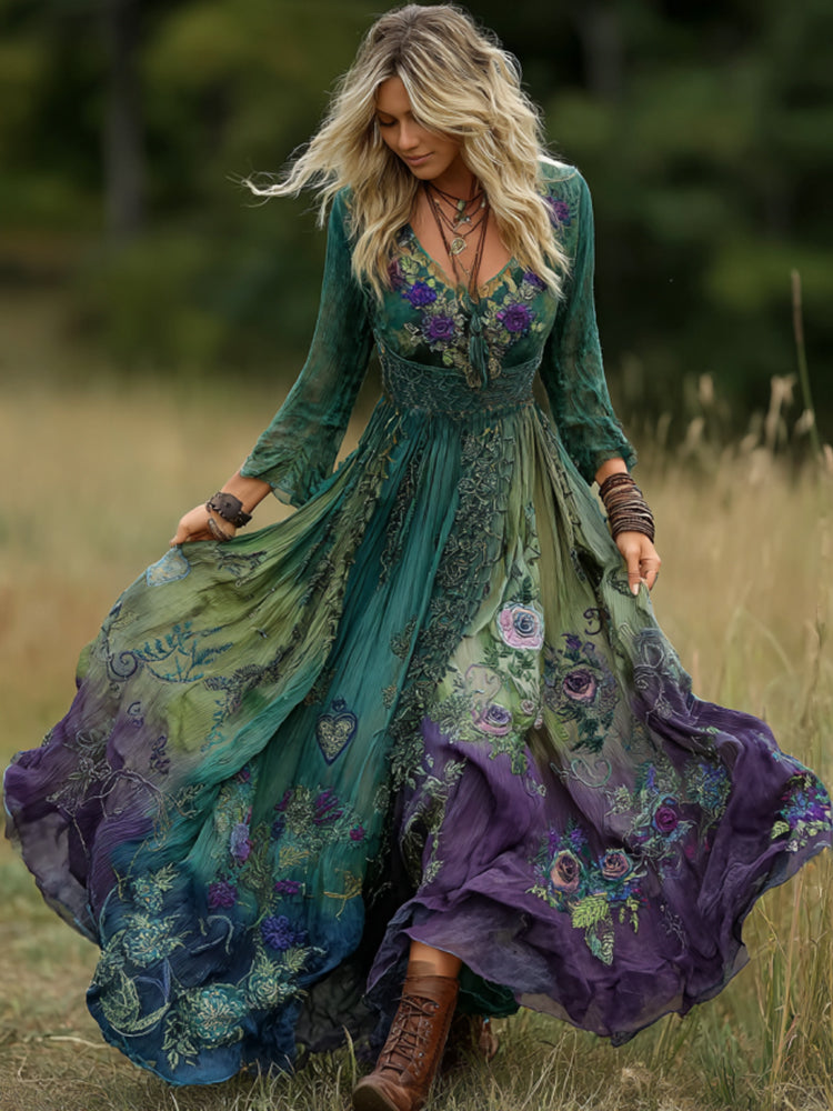 Vintage Classy Gradient Purple Lavender And Floral Embroidered Linen Maxi Dress