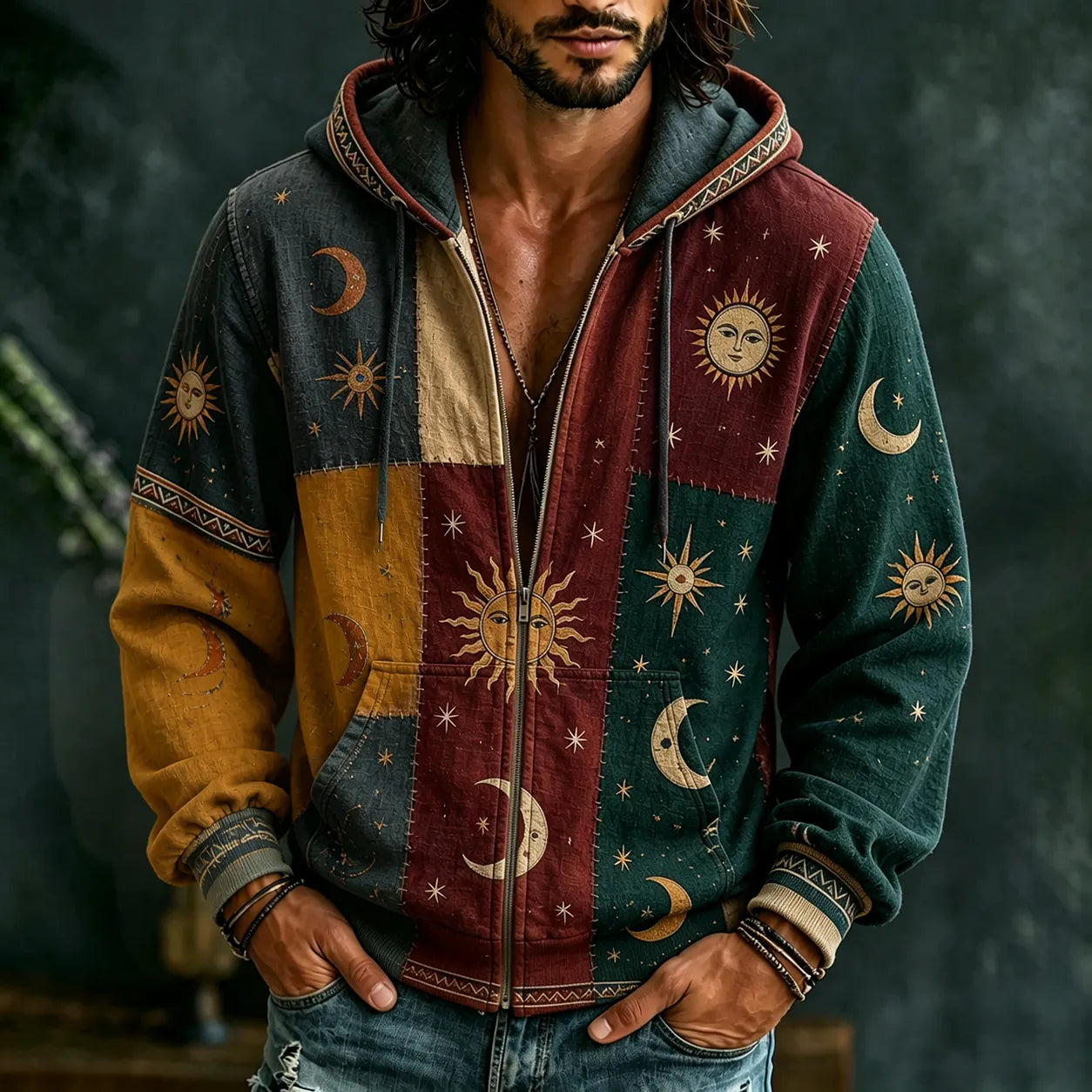 Men's Vintage Sun Moon Star  Patchwork Art Cozy Warm Zipper Hoodie