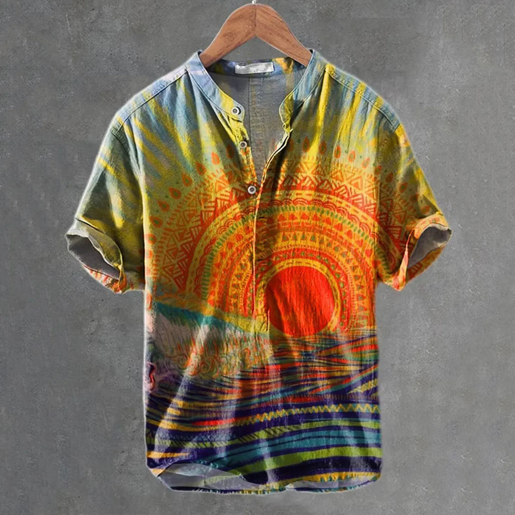 Men's Retro Hippie Sun And Rainbow Patterns Prints Linen Blend Short-sleeve Shirt