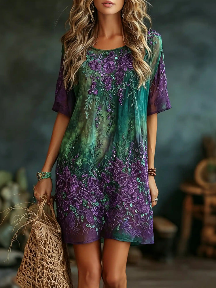 Women's Vintage Romantic Floral Art Linen Blend Round Neck Mini Dress