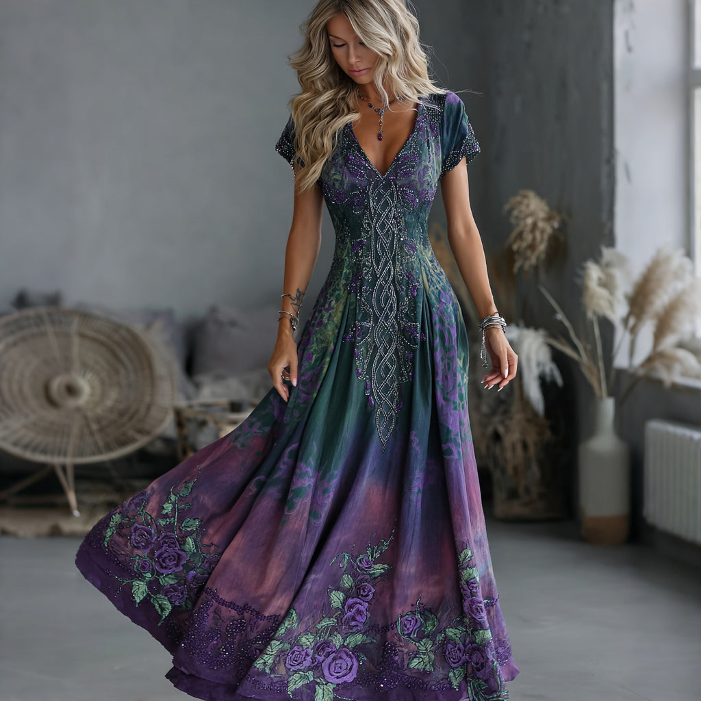 Women's Vintage Celtic Knot Floral Gradient Art Flowy Casual Maxi Dress