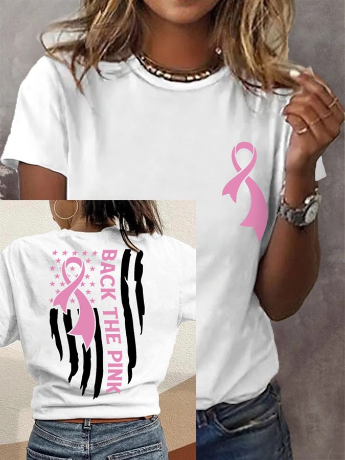 Women's Back The Pink American Falg Breast Cancer Awareness Warrior Tee