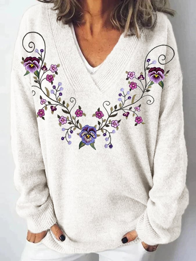 Women's Pansy Floral Vine Embroidered V Neck Cozy Knit Sweater