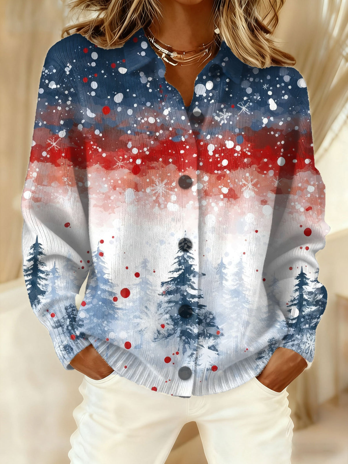 Women's Christmas Casual Collared Knit Cardigan