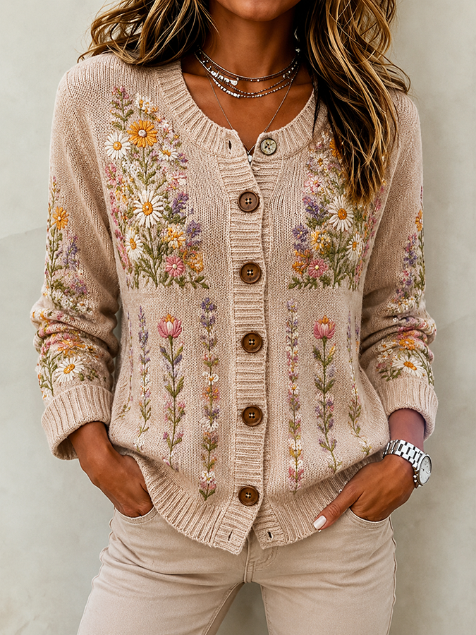 Ladies' Casual Floral Printed Knitted Cardigan Top