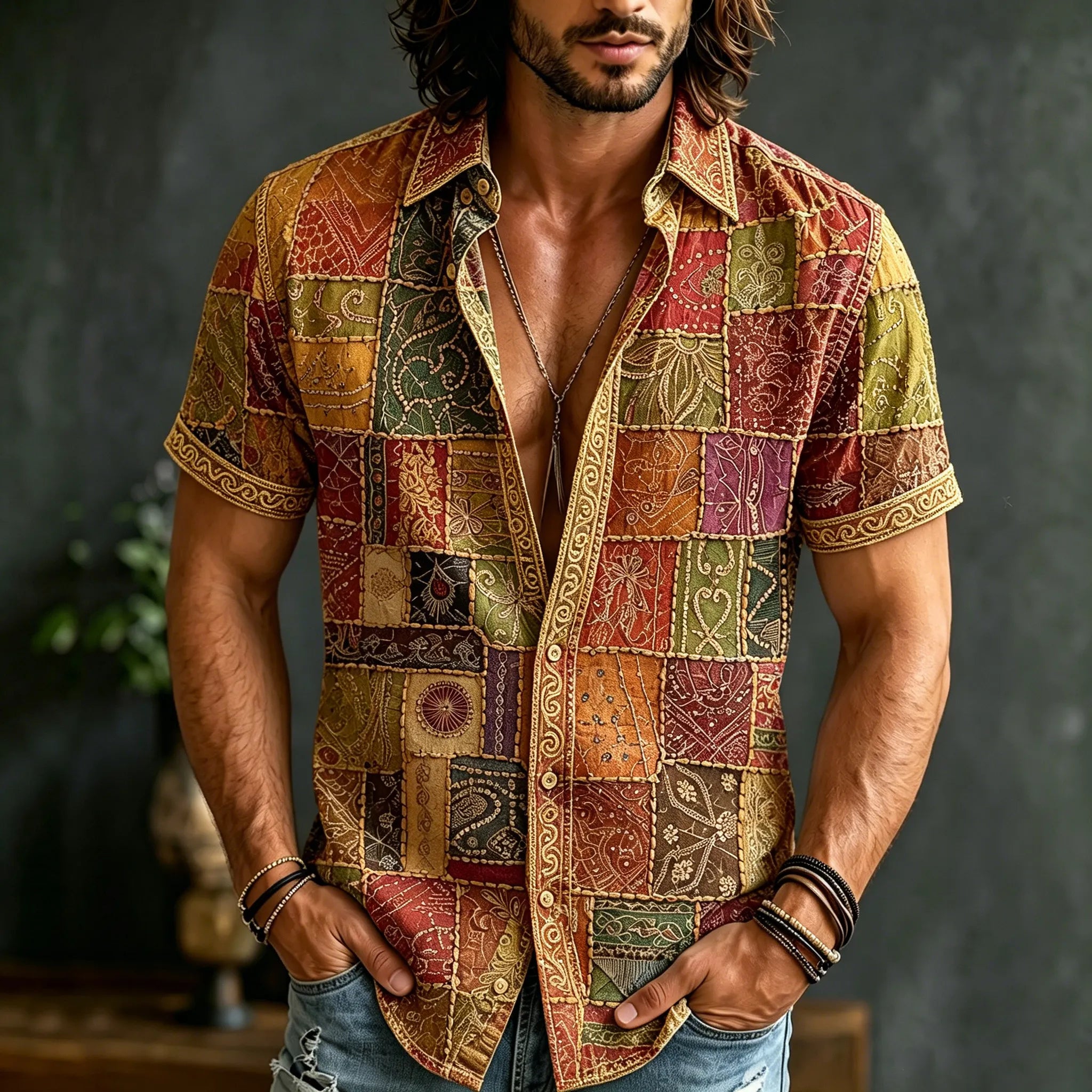 Men's Retro Hippie Style Patchwork Print Short-sleeve Shirt