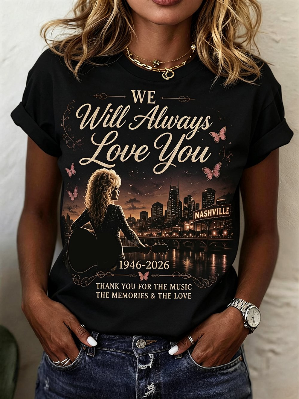 Women's "We Will Always Love You" Print Crew Neck T-Shirt