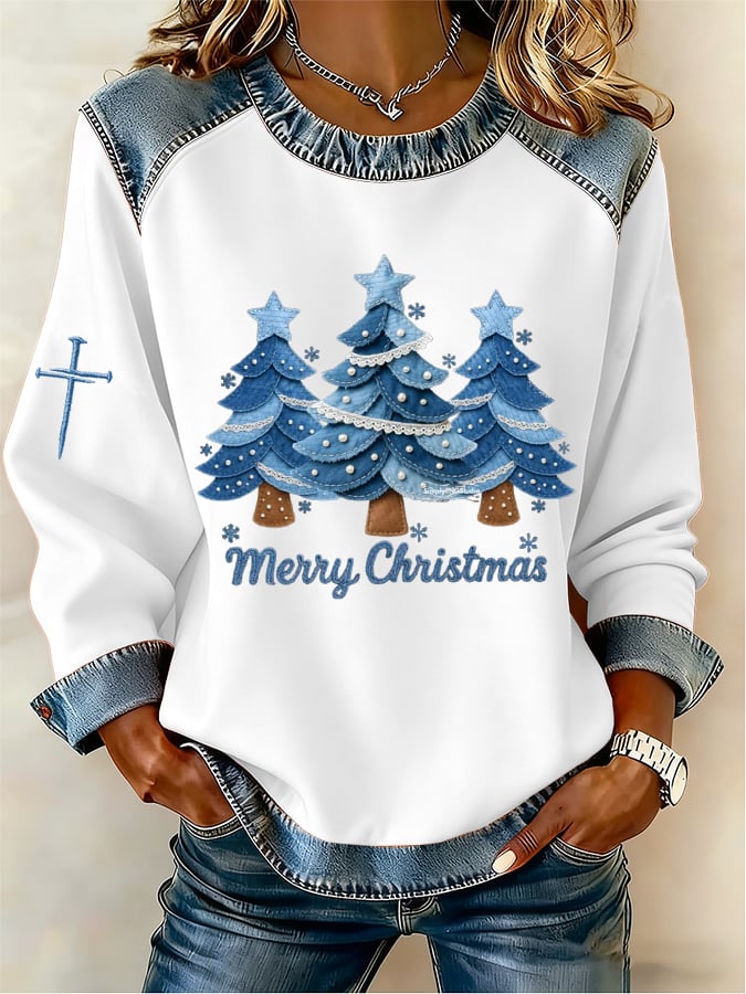 Women's Casual Denim Christmas Tree Print Sweatshirt