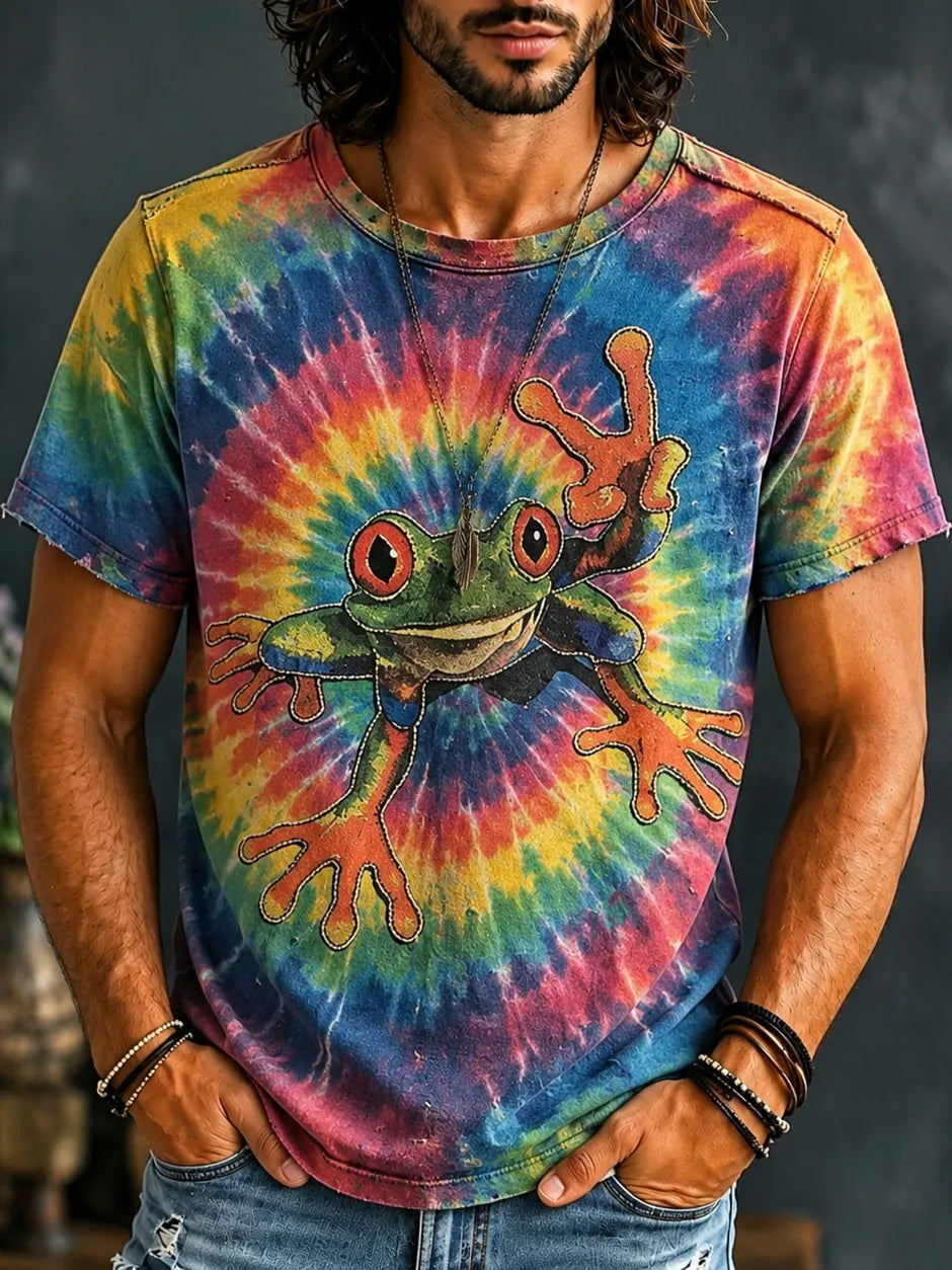 Men's Hippie Tie Dye Psychedelic Frog Print T-shirt