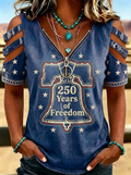 Women's Western Independence Day Liberty Bell Stars Printed T-shirt