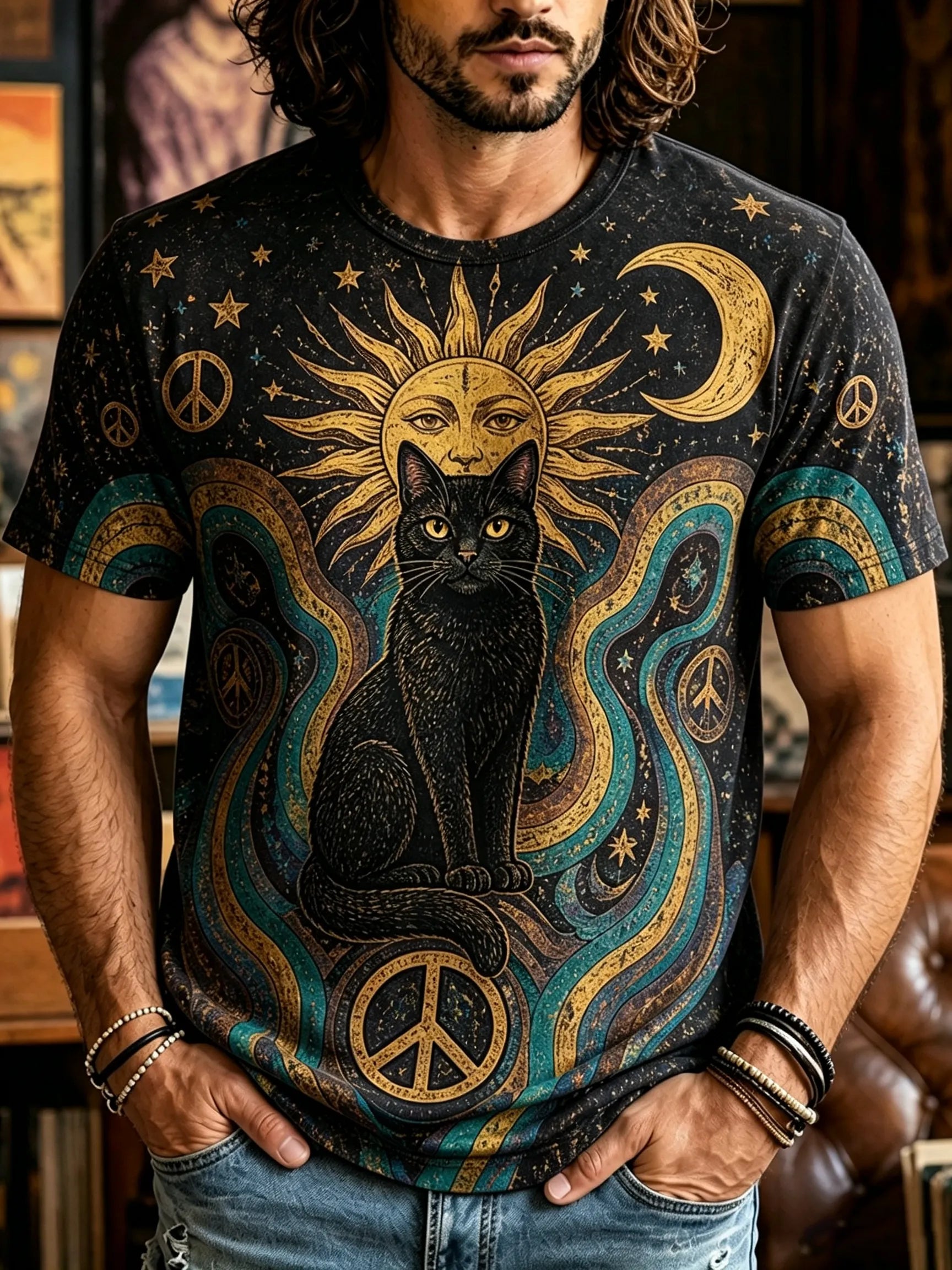 Men's Cosmic Purple Sun, Moon, And Black Cat Print Short Sleeve T-shirt
