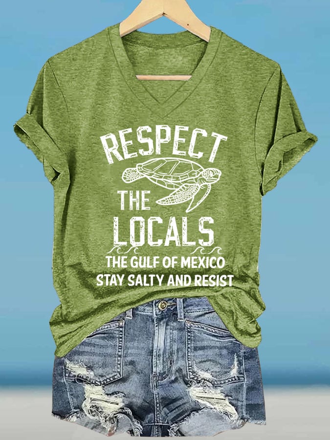 Women's Respect The Locals Gulf Of Mexico Printed V Neck T-shirt
