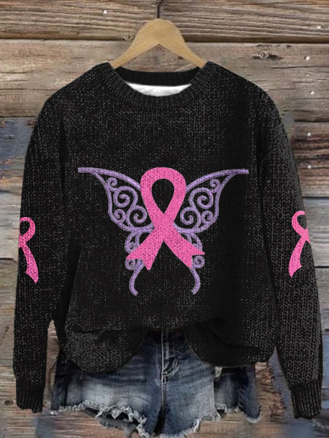 Women's Breast Cancer Ribbon Embroidered Casual Crew Neck Sweater