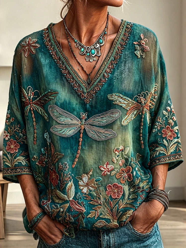 Women's Vintage Floral Dragonfly Art Print Flowy Linen Blend  Three-quarter Sleeve V Neck Linen Tops