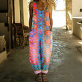 Women's Retro Floral Art Print Casual Cotton Linen Overalls