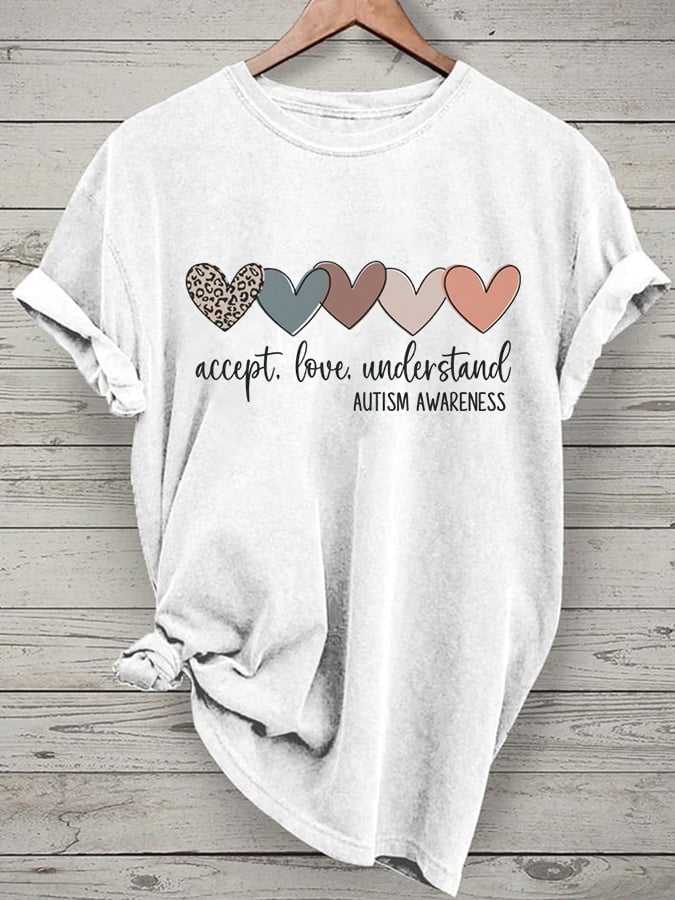 Women's Accept Love Understand Autism Awareness Printed Short-Sleeved T-Shirt