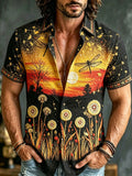 Men's Retro Bohemian Hippie Style Floral And Dragonfly Embroidered Print Short-sleeve Shirt