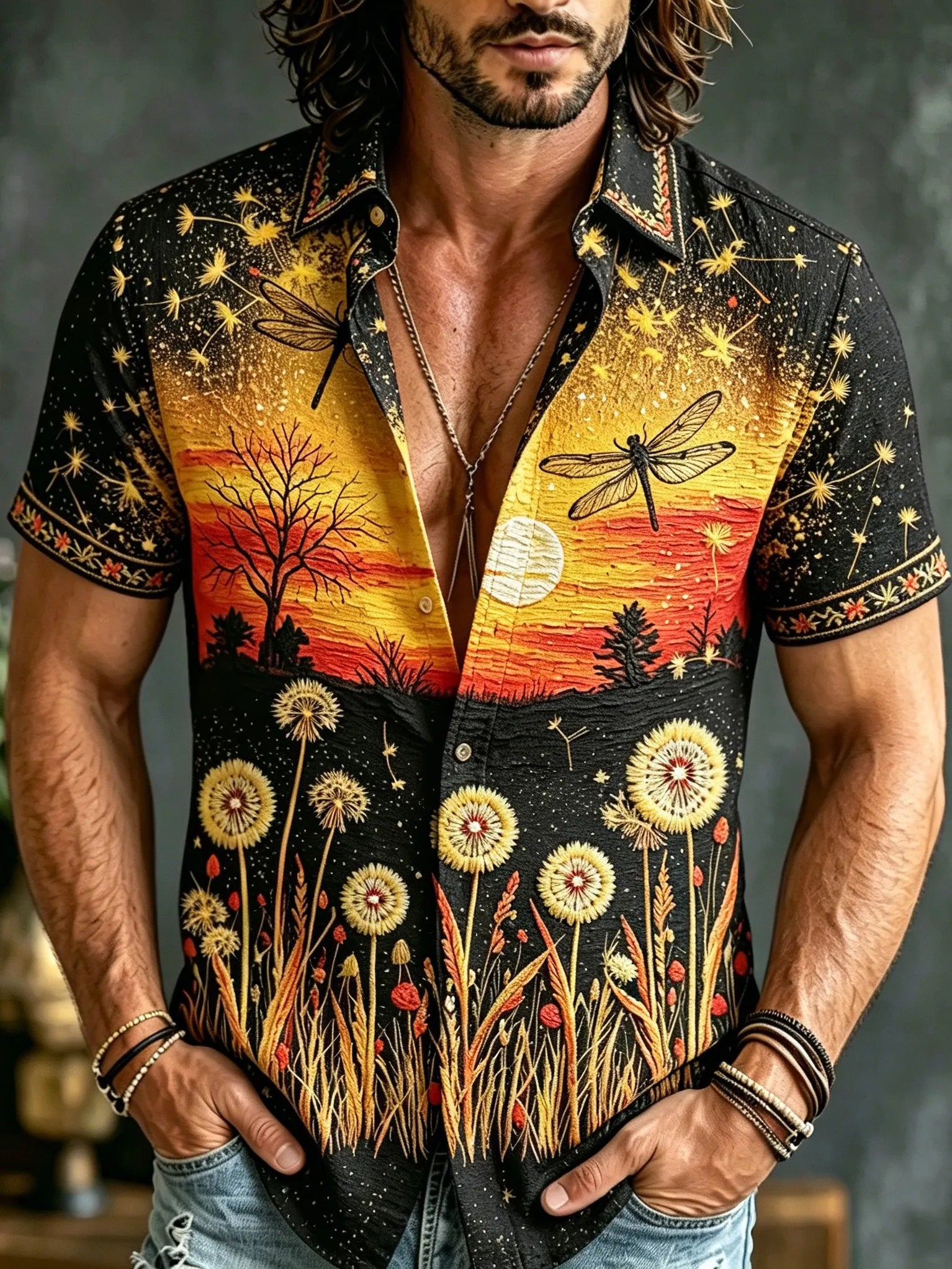 Men's Retro Bohemian Hippie Style Floral And Dragonfly Embroidered Print Short-sleeve Shirt
