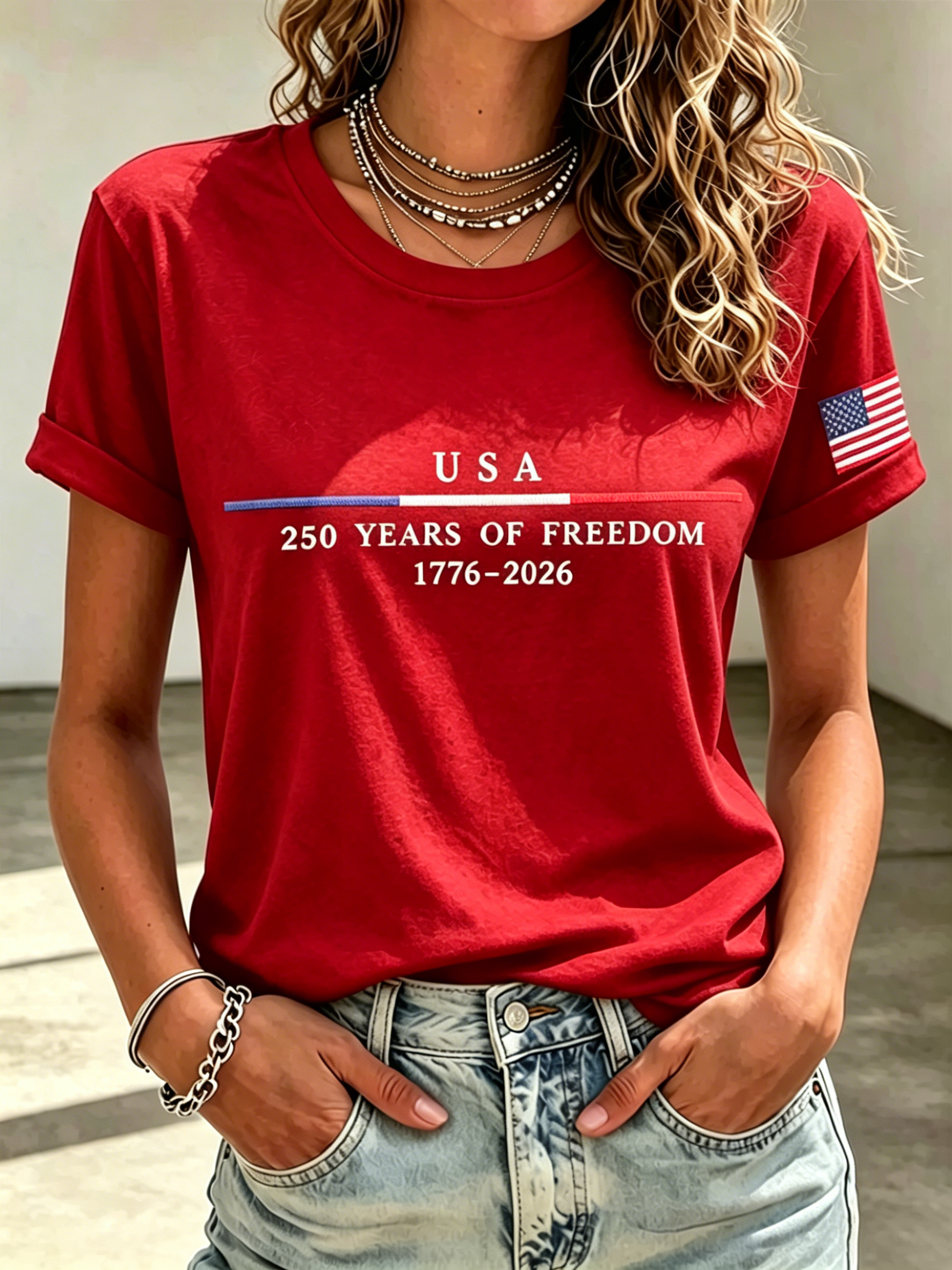 Ladies' Casual American 250Th Anniversary Embroidered Commemorative Round Neck Short Sleeved T-Shirt
