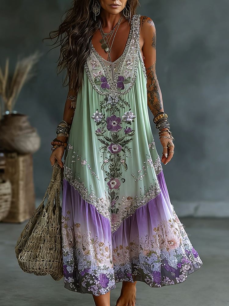 Classy Gradient Purple Lavender And Floral Round Neck Linen Tank Dress