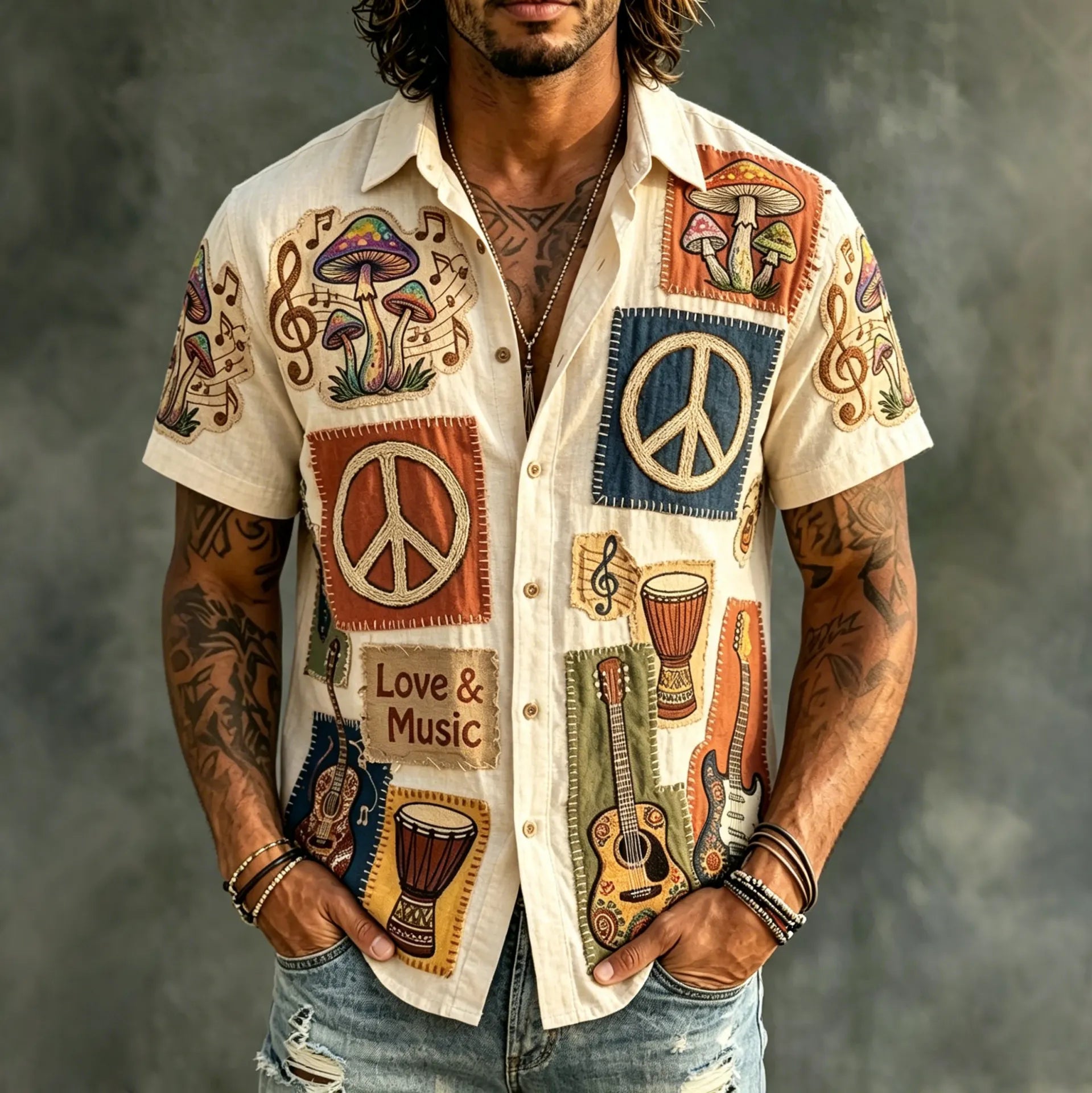 Men's Musical Hippie Art Mushroom Print Short Sleeve Shirt