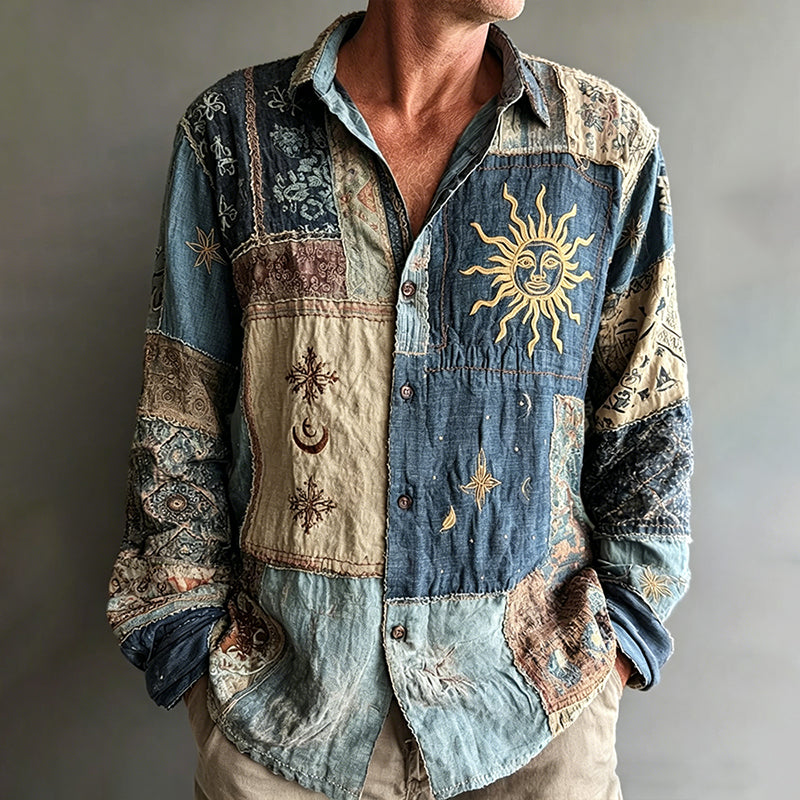 Men's Mysterious Hippie Sun Face Print Long Sleeve Shirt