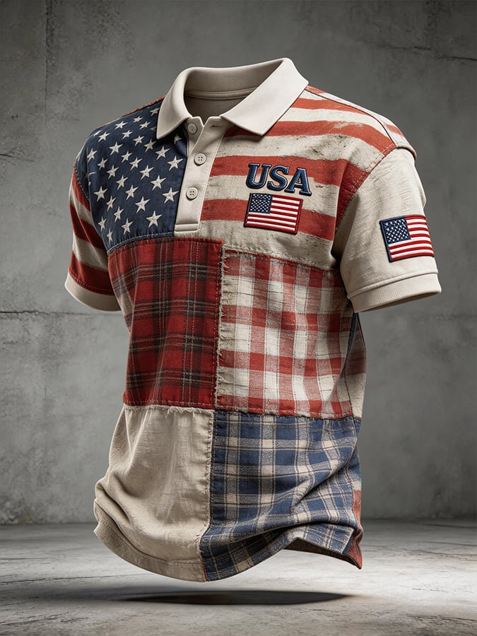 Men's Retro Flag Patchwork Print Casual Polo Shirt