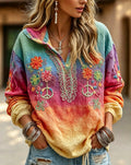 Women's Retro Autumn Hippie Floral Art Flowy Linen Blend Hooded Tops