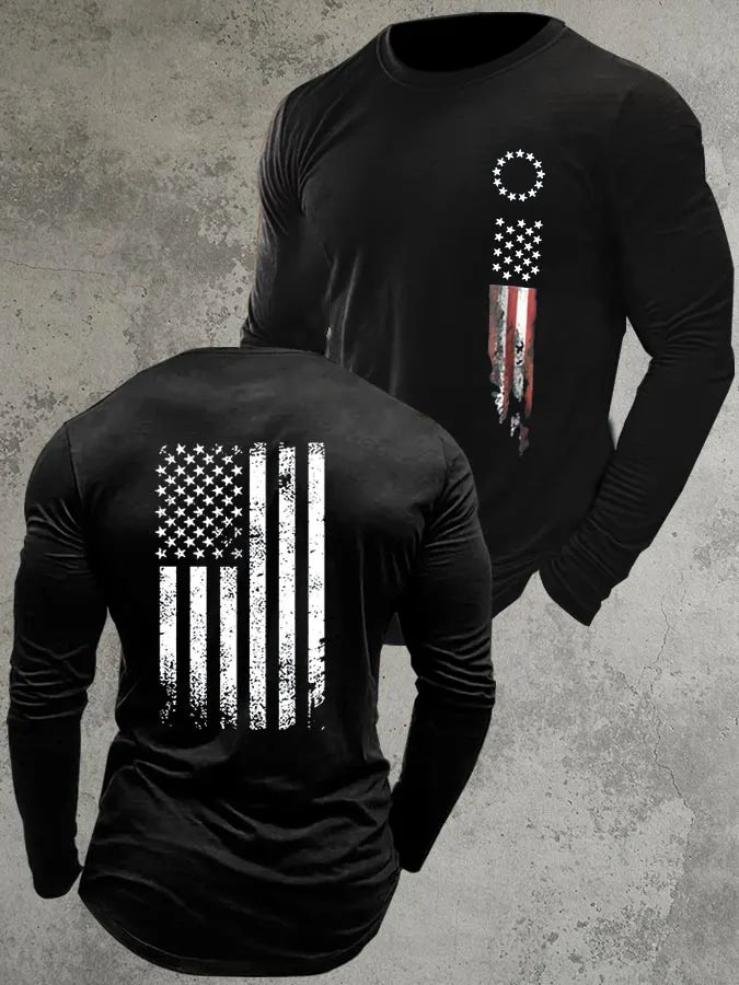America Flag Pattern Long Sleeve 100% Cotton T-Shirt
