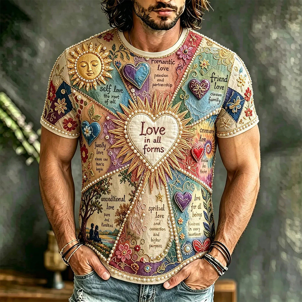 Men's Vintage Hippie Heart Art Patchwork Casual Short-sleeved Top