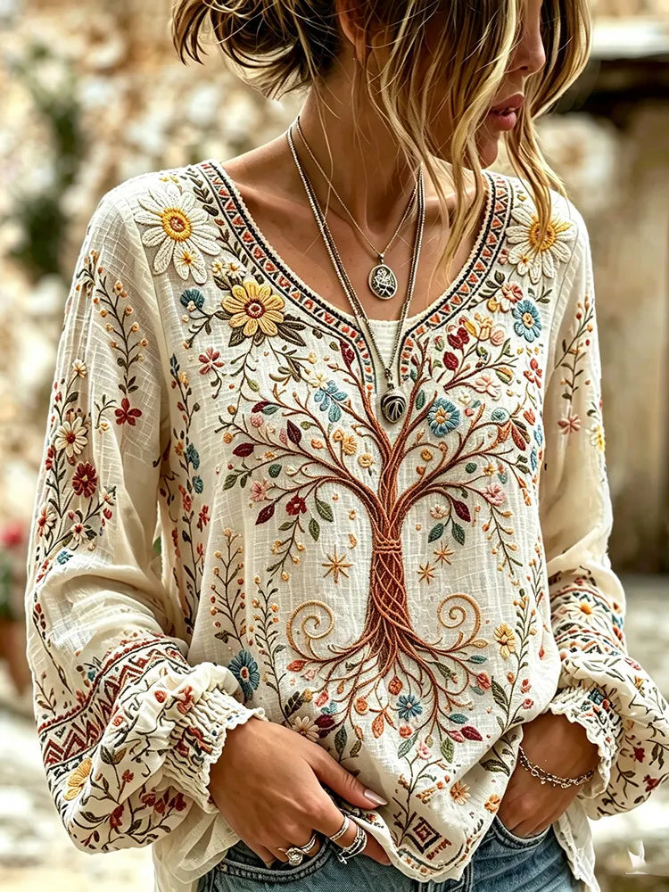 Women's Vintage Life Tree Art Print Flowy Linen Blend Linen Blend Long Sleeve Casual Tops