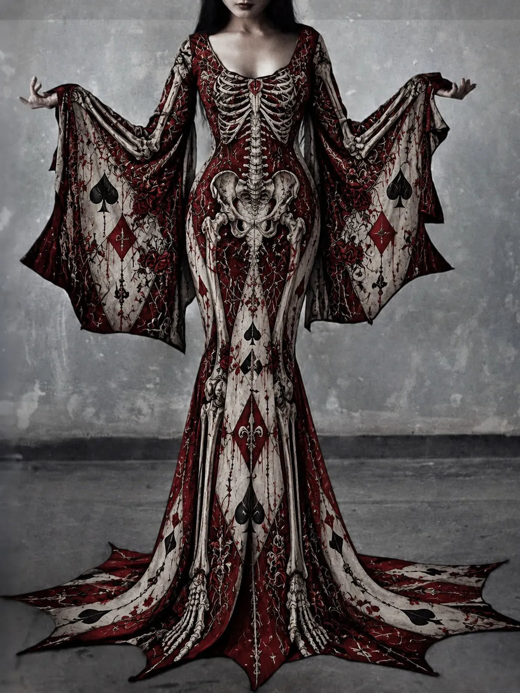 Women's Gothic Skeleton With Poker Batwing Flare Sleeve Round Neck Bodycon Maxi Dress – Halloween Costume