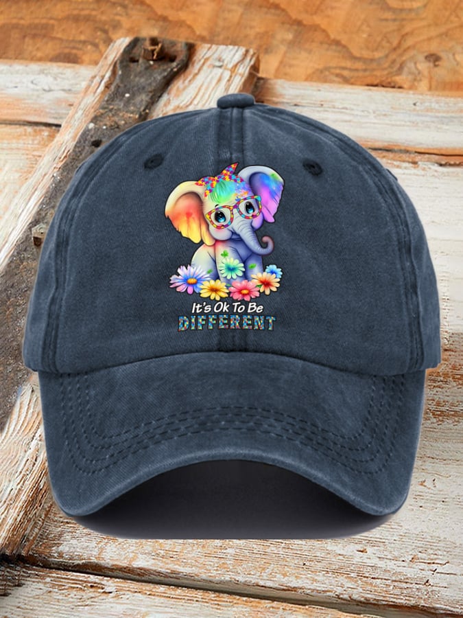 Retro Autism Awareness Elephant It's Ok To Be Different Print Baseball Cap