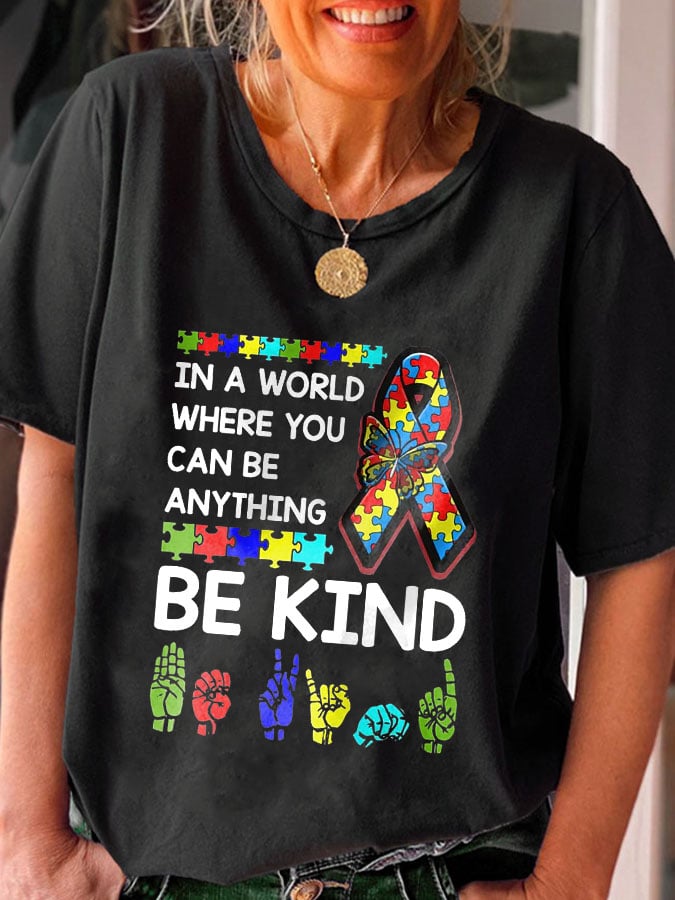 Vintage Autism Awareness In A World Where You Can Be Anything Be Kind Print T-Shirt