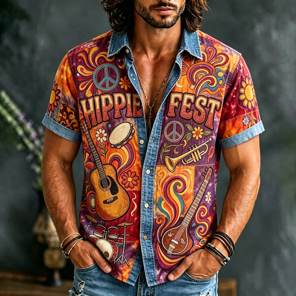Men's Retro Hippie Music Print Cotton Linen Shirt