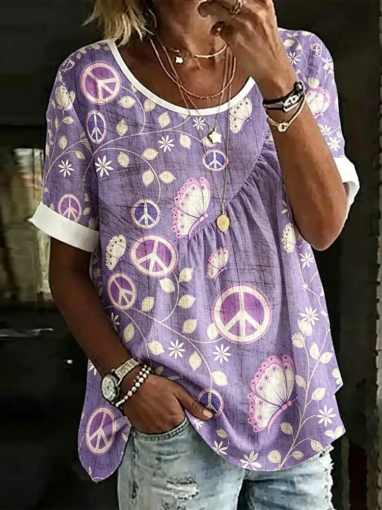 Women's Hippie Romantic Floral And Butterfly Tie-dye Art Linen Comfortable Casual Crew Neck Top