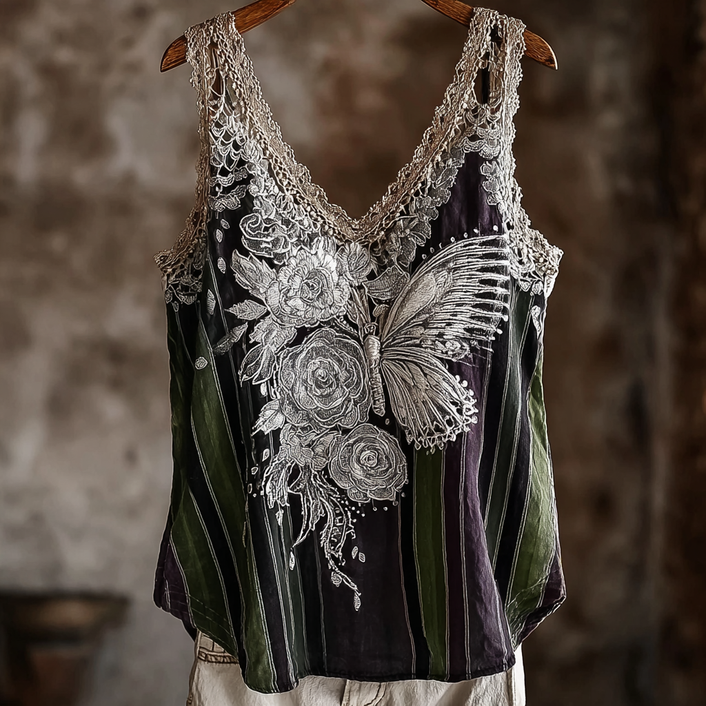 Butterfly Flower Lace Embroidery Patchwork Striped Design Women's Summer Linen Vest