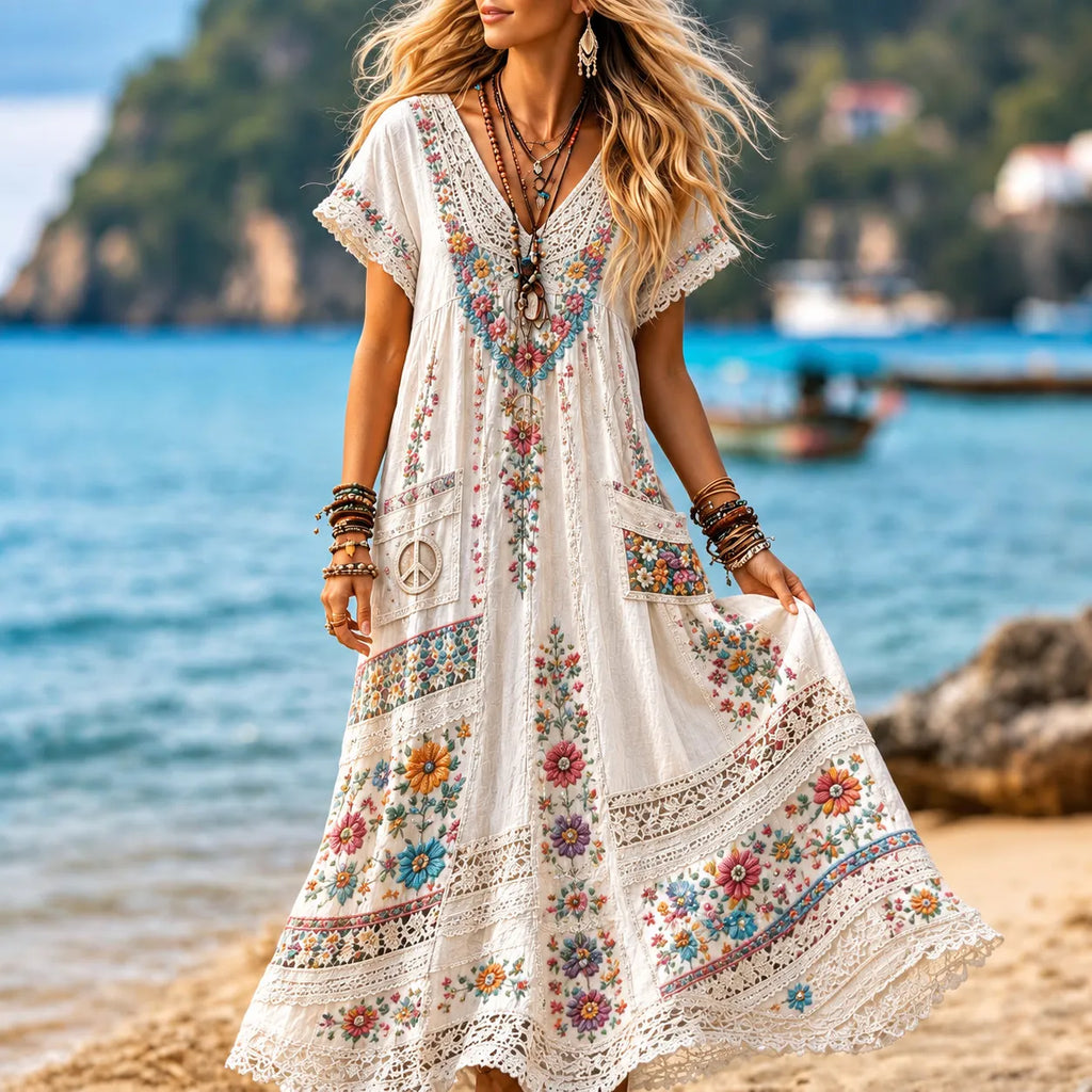 Women's Boho Hippie Floral Embroidery Art V Neck Short Sleeve Maxi Dress