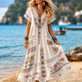 Women's Boho Hippie Floral Embroidery Art V Neck Short Sleeve Maxi Dress